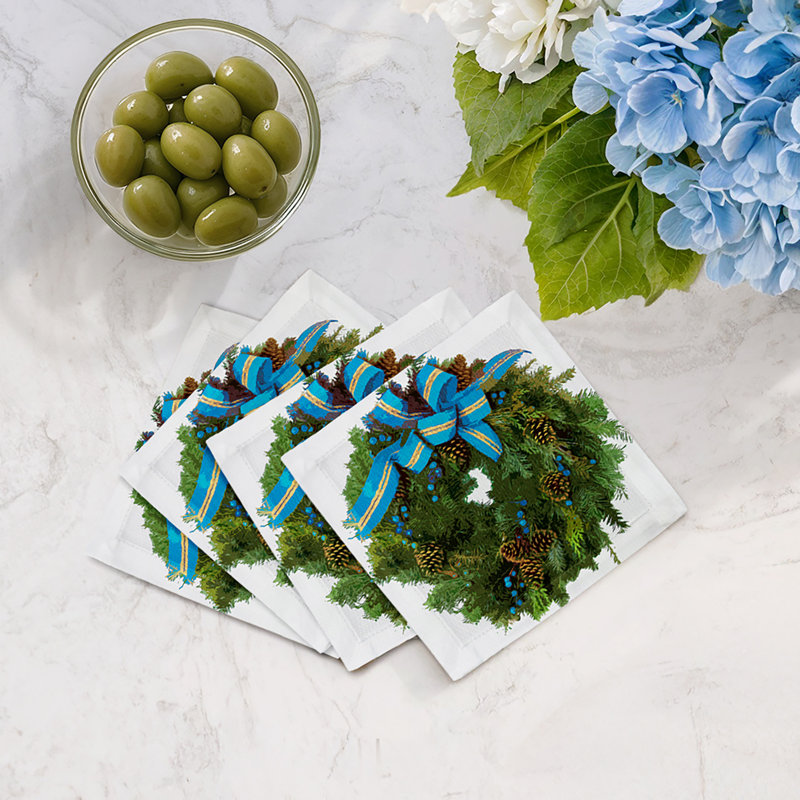 Christmas Wreath Cotton Sateen Cocktail Napkins, White Cerulean
