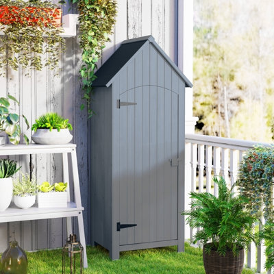Wooden Garden Storage Shed 77.5 x 54.2 x 179.5 cm, Fir Wood Outdoor Tool Cabinet with 3 Shelves, Tilt Asphalt Roof & Lockable Door, Grey