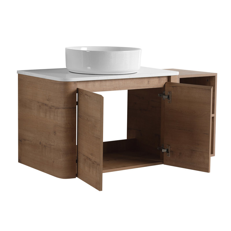 Meuble-lavabo de 42 po pour la salle de bain, lavabo d'art en céramique, tablettes de rangement, portes à fermeture en douceur, dalle de pierre blanche, facile à installer