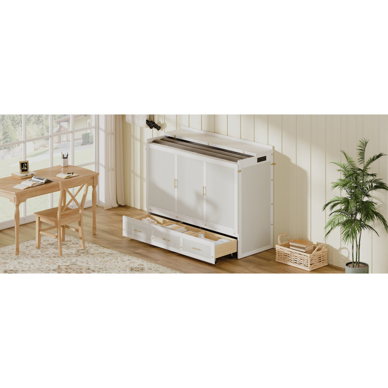 Armoire murale multifonctionnelle avec station de charge USB, lit escamotable vertical simple avec tiroirs, lit escamotable mural peu encombrant avec verrou de sécurité et dispositif anti-basculement, blanc.