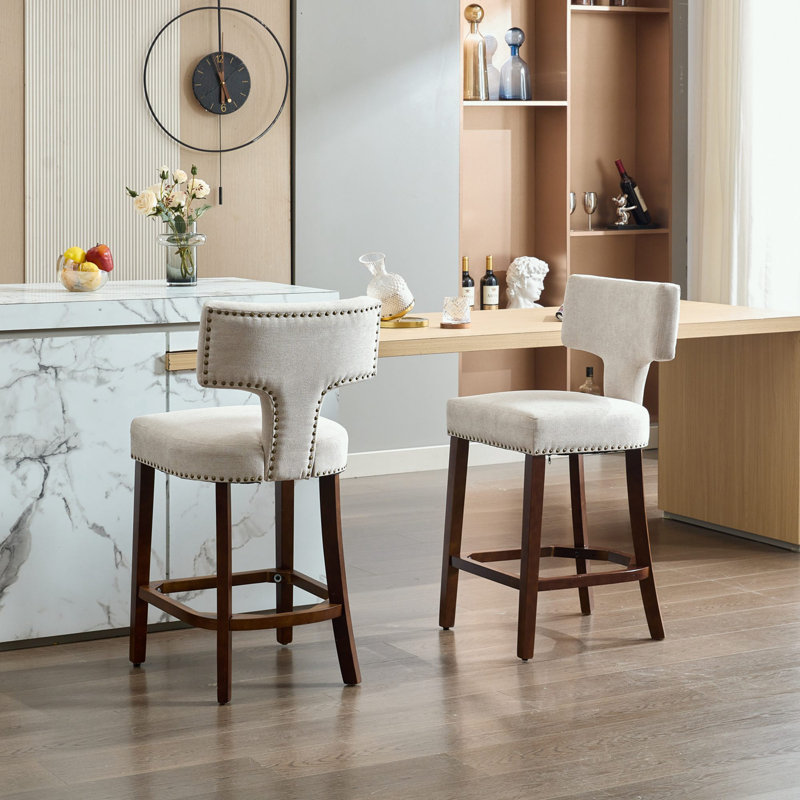 Upholstered Bar Stools Set of 2 with nails decoration, Beige