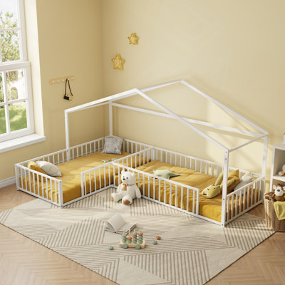 Double L-Shaped Montessori Bed, Metal Corner House Bed Frame With Fence, House-Style Floor Bed, Without Slats by Harper Orchard