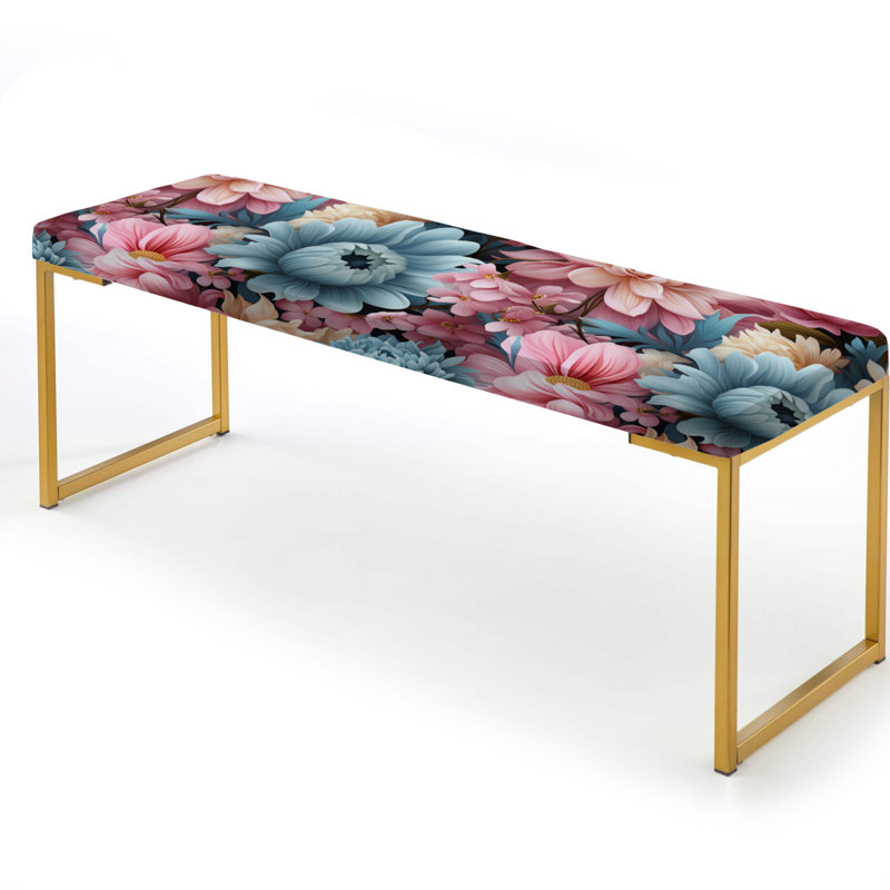 Blue And Pink Pastels Peonies Flowers Accent - Floral Upholstered Gold Bench
