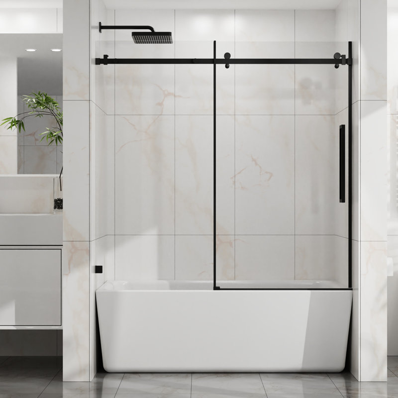 60" W X 58" H Bathtub Sliding Shower Door, 1/4"  6Mm  Thick Tempered Clear Glass, High - Quality Steel Frame, Smooth Quiet Sliding, Waterproof Seal, Matte Black Door With Proof Coating, Stainless