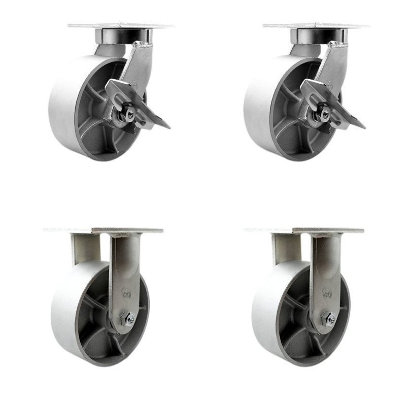 Ensemble de roulettes robustes en fonte d'acier semi-robuste 2 verrous pivotants / freins 2 rigides