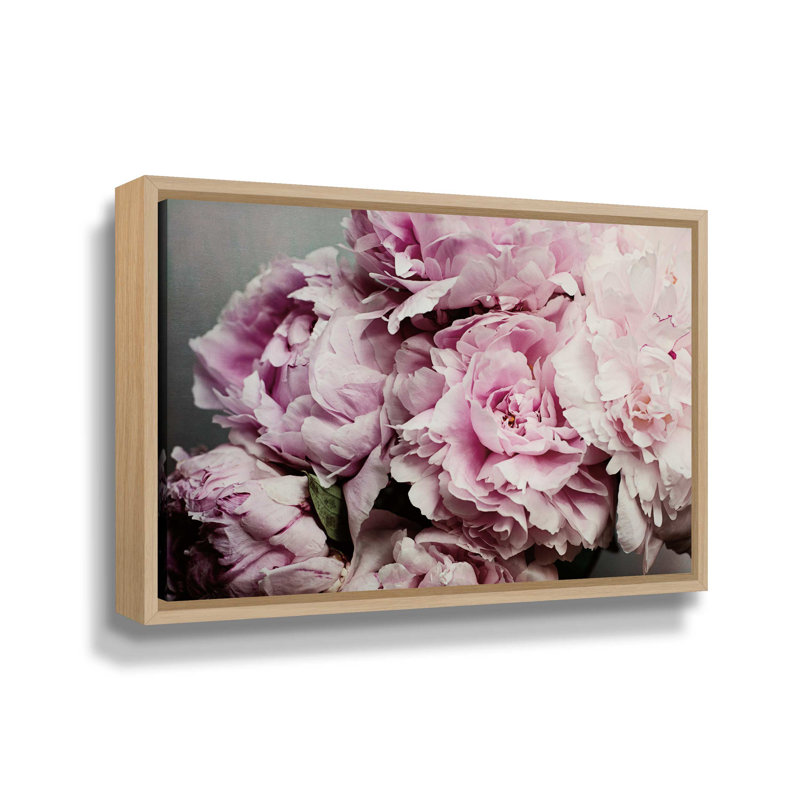« pivoines galore ii »-impression sur toile, H 24 po x l 48 po x P 2 po, Cadre flottant chêne blanc