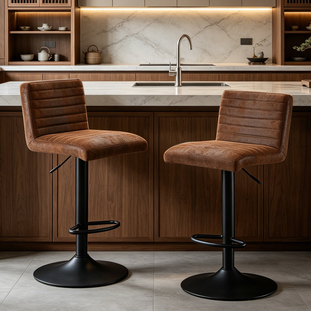 Modern Suede Height Adjustable Bar Stool with Low Back & Footrest 360 Swivel Kitchen Counter Stool