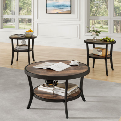 3-Piece Rustic Industrial Living Room Table Set With 31.5" Round Coffee Table And Two 23.6" Round Side Tables by Ebern Designs
