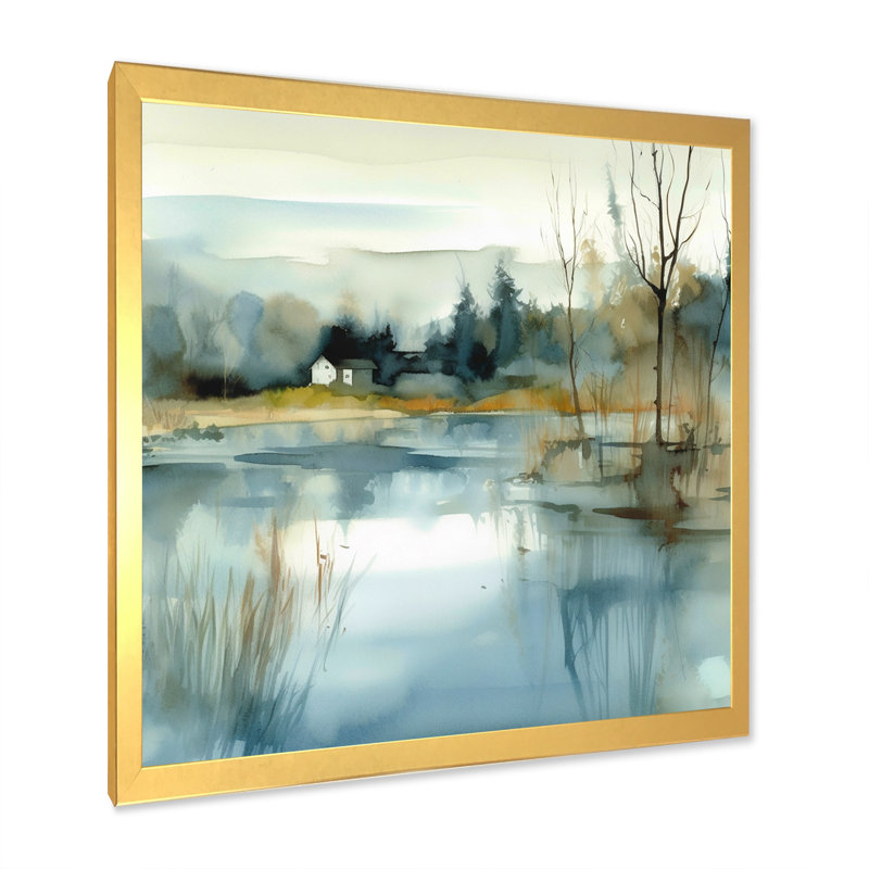 Summer Lake Landscape Illustration V - Lake, art mural, H 36 po x l 36 po x P 1,5 po, Cadre doré simple