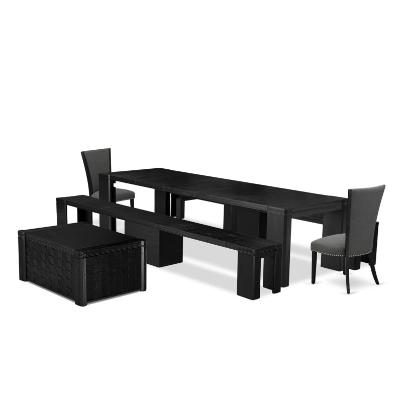 Ensemble de table de salle à manger 6 pièces comprenant une table de cuisine, une table basse, 2 bancs en bois et 2 chaises en tissu gris foncé Gotham
