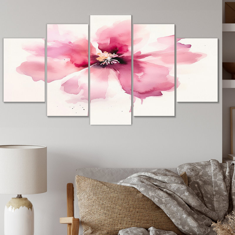 Délicate fleur d'hibiscus rose II - décoration murale fleurs - 5 panneaux