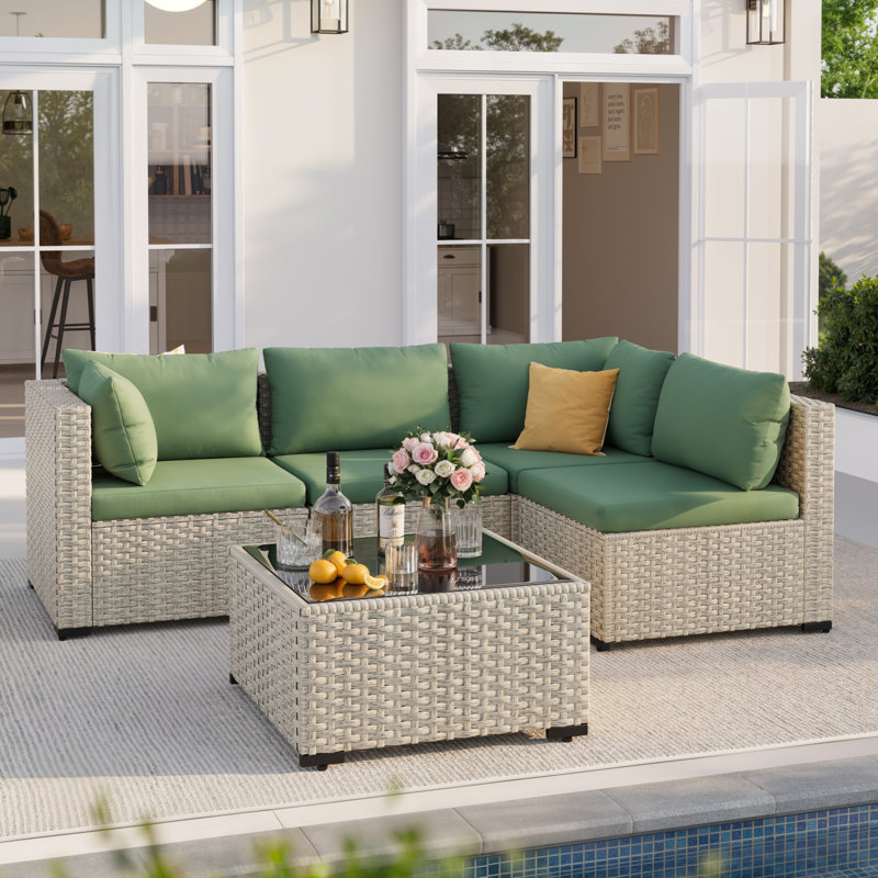 5 Piece Patio Conversation Set With Coffee Table And Cushions, Green