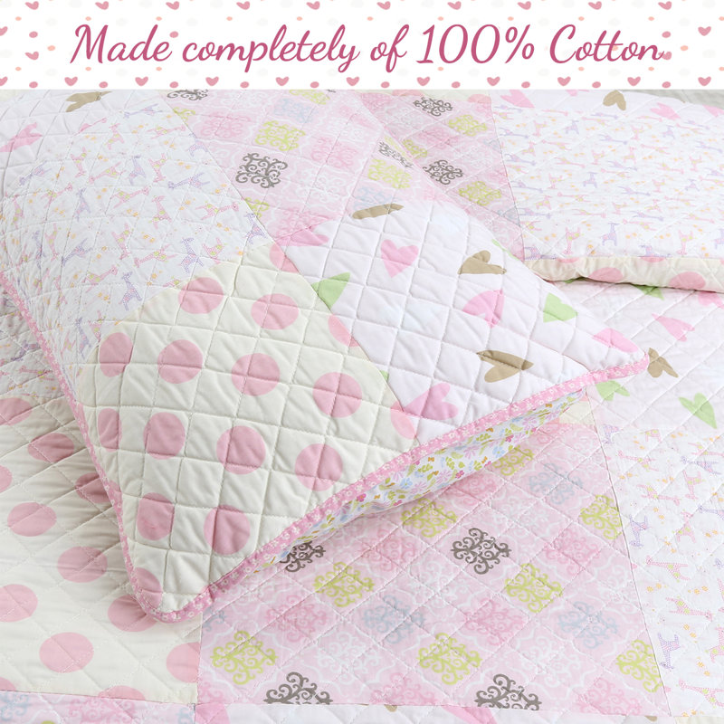 Pink Hearts and Polka Dots Cotton Twin Reversible Quilt Set