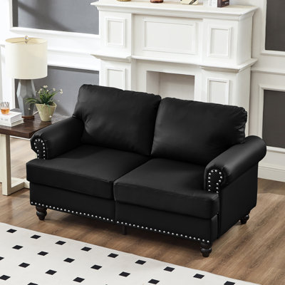 Cuir de vache noir américain classique de 59,5 po, accoudoir rond avec clous, structure en bois massif, coussin de siège en mousse haute densité, housse amovible, accoudoir cloué sous le rangement et ressort en contreplaqué