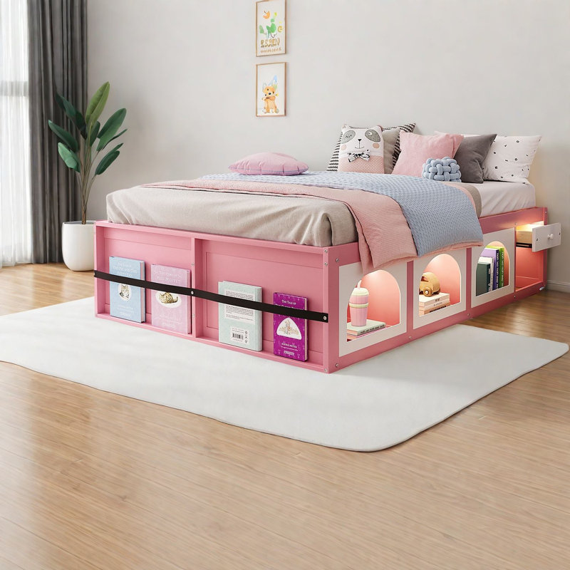 Lits plateforme modernes en bois avec rangement et DEL, blanc rose
