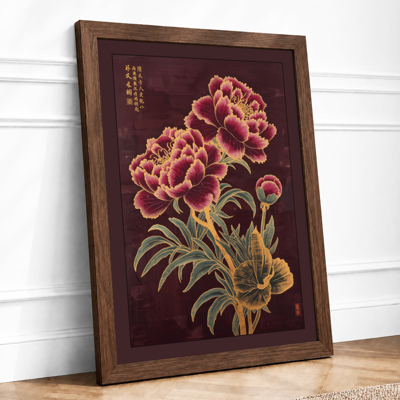 Ornate Peonies with Script Botanical - Framed Print, A4 - 29.7 x 21.0 cm, Walnut