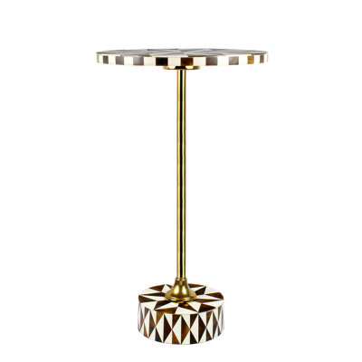 Calix 23.5" Minimalist Round Pedestal End Table, Dark Brown/White Resin & Glossy Gold Iron Accent Drink Table for Living Room or Bedroom