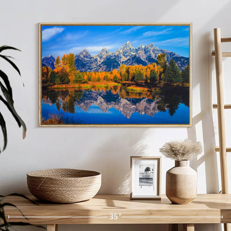 Feuillage doré Grand Teton, 25 po x 17 po, Cadre flottant en bois naturel