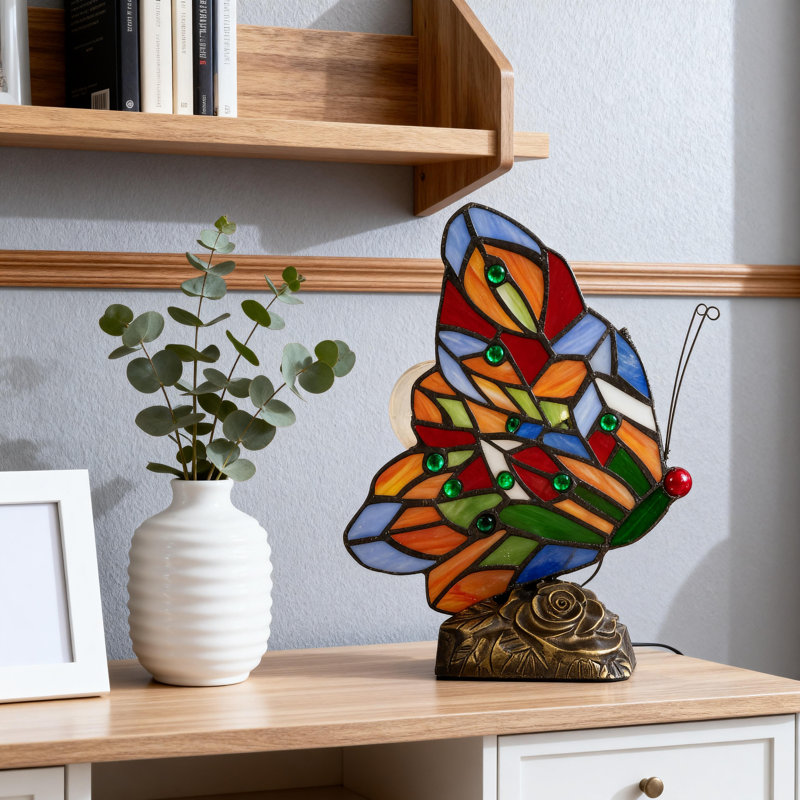 Tiffany Style Butterfly Lamp - Stained Glass Resin Novelty Lamp, 9" H x 4" W x 4" D
