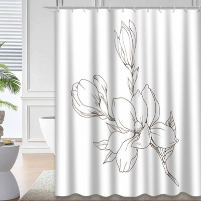 Waterproof White Floral Art Magnolia Blossom Shower Curtain with 12 Hooks