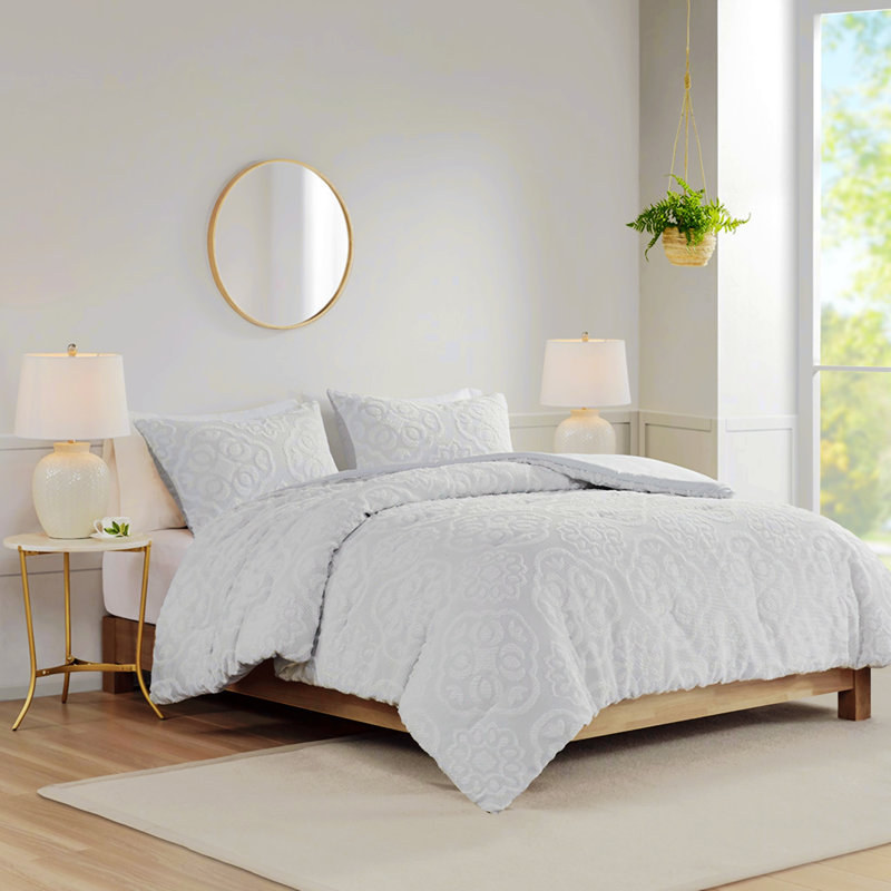 Polyester Comforter, King Comforter + 2 Pillowcases, Gray/White Abstract
