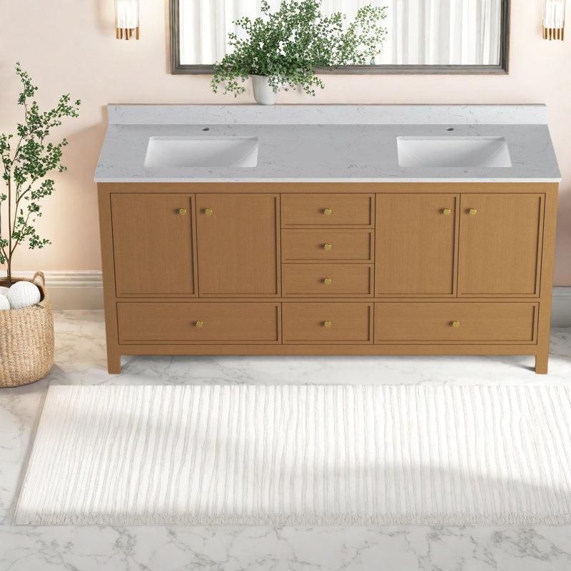 Meuble-lavabo double en bois de chêne moderne avec rangement spacieux