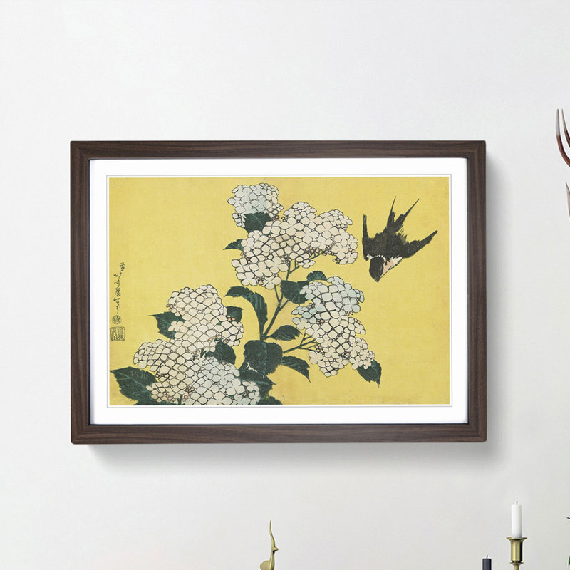 Hydrangeas and Swallow by Katsushika Hokusai - Picture Frame Painting Print, Walnut Framed, 36cm H x 48cm W x 2cm D