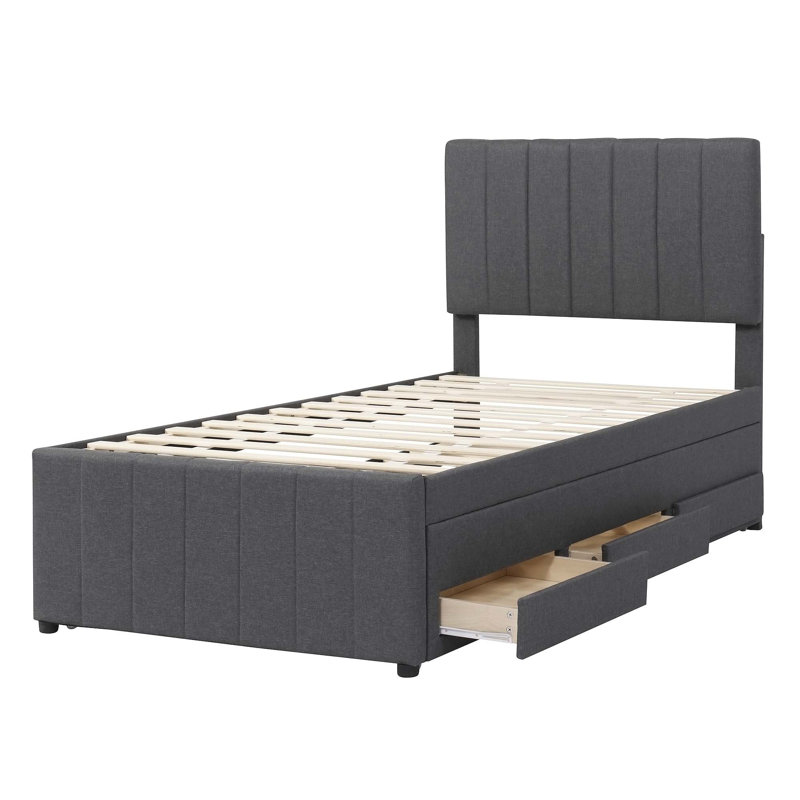 3 Drawers Upholstered Bed With Trundle, Grey, Twin