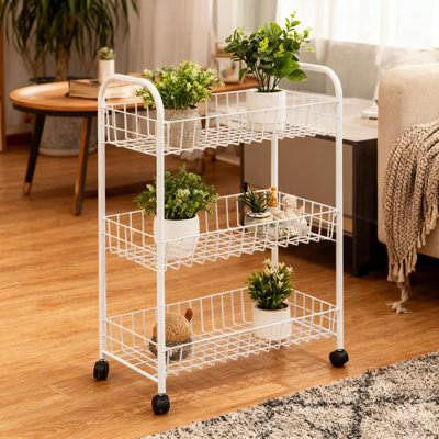 Chariot de rangement mince à 3 niveaux avec paniers | Organisateur utilitaire étroit en métal pour la salle de lavage, la salle de bain et la cuisine | Structure en acier robuste avec roulettes