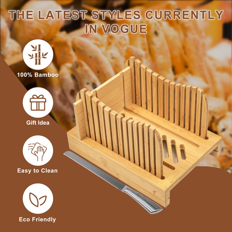 Bamboo Bread Slicer For Homemade Bread With Serrated Knife & Crumb Tray - Foldable Compact Bread Cutting Guide, Adjustable Bread Slicer, Bamboo Bread Cutter For Homemade Bread, Cakes, Bagels