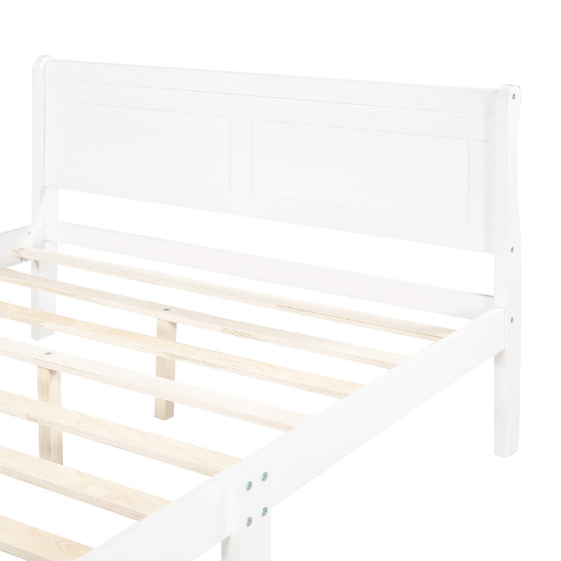 Grand lit plateforme en bois avec tête de lit et lattes en bois, Blanc