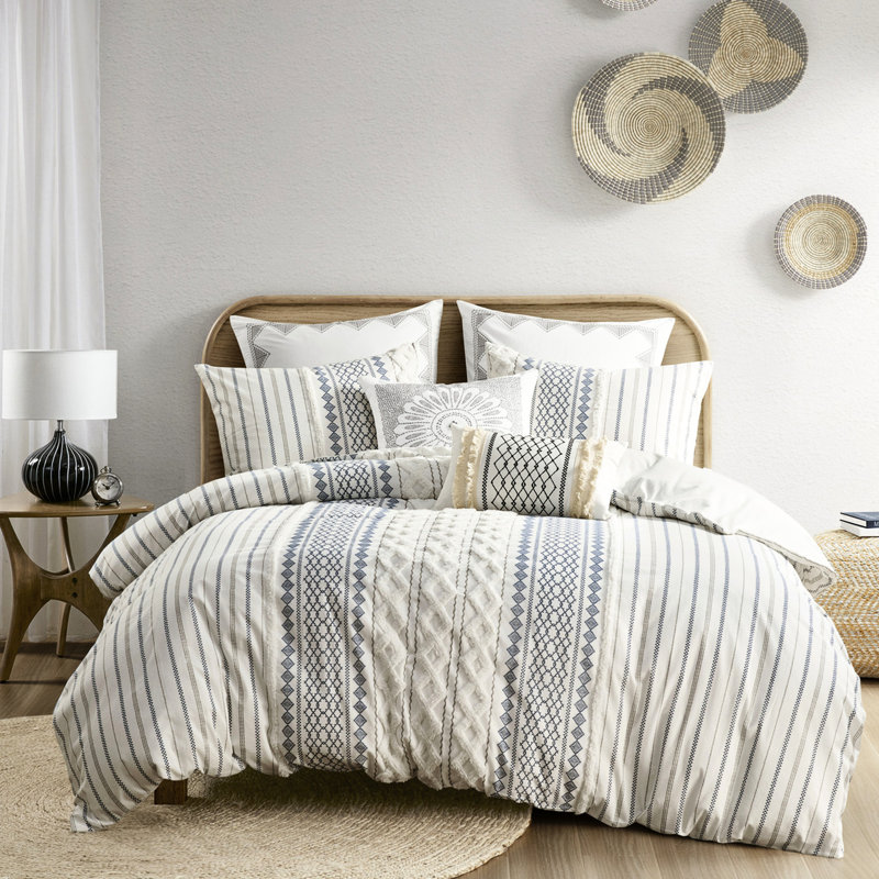 Housse de couette en coton très grand / très grand - chenille, motifs géométriques, sans produits chimiques avec multicolore, 4 attaches de coin, literie chaude et douce