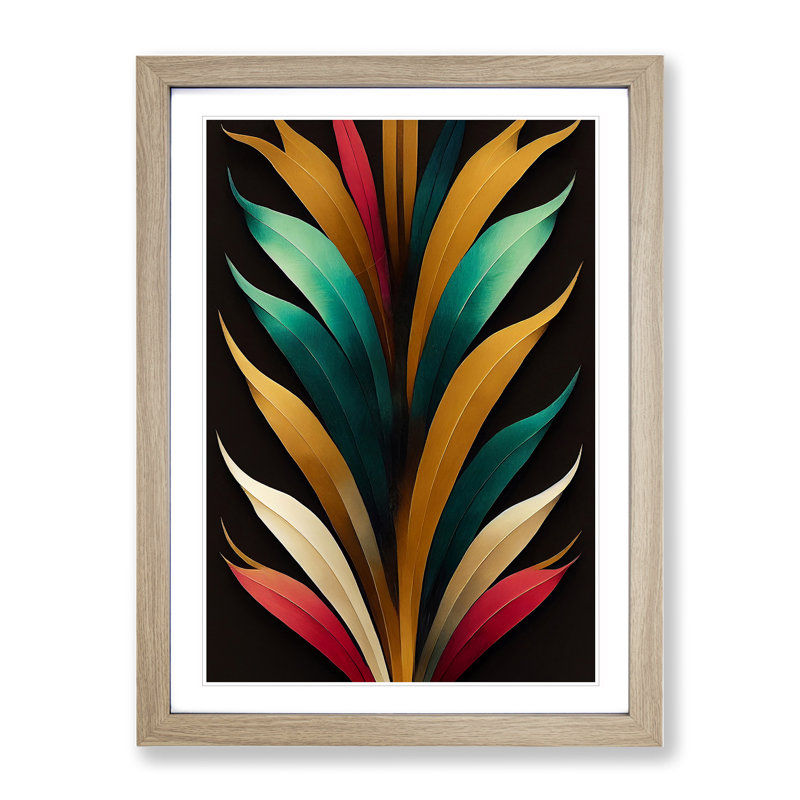 Art Deco Feather No.4 - Wall Art, 34cm H x 25cm W, Oak Framed