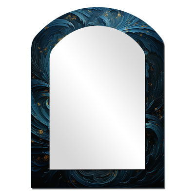 Blue Fury Waves Spiral I - Abstract Spirals Asymmetrical Large Wall Mirror, Modern Arch Unique Mirror, Printed Metal Art