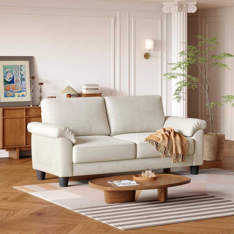 70" Velvet Loveseat Sofa, Mid Century Modern Couch with Storage Bag, Beige