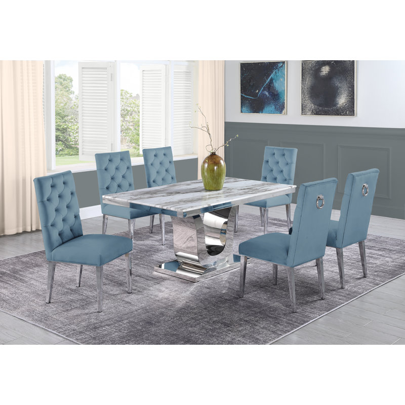 Mcnamara Pedestal Dining Set, Black/Silver, 7, White/Silver
