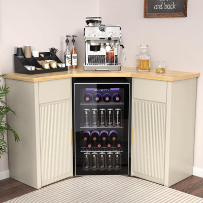 Coin-café avec réfrigérateur, meuble-bar en L, blanc cassé