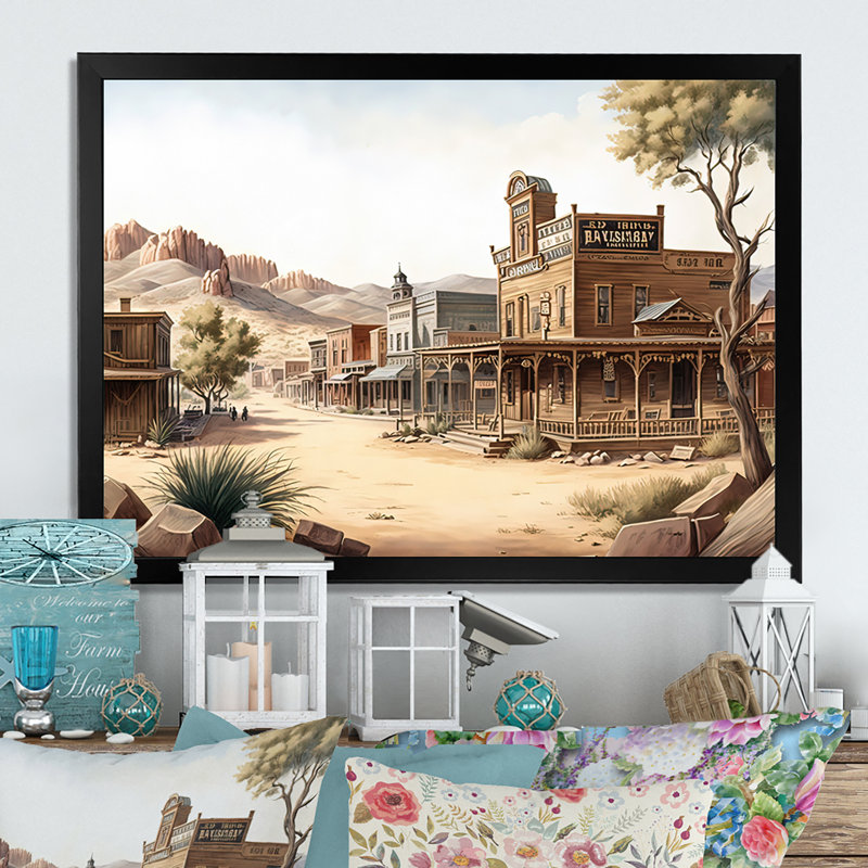 Wild West Town III - cadre flottant, impression sur toile, Impression noire sur toile encadrée, H 12 po x l 20 po x P 1 po