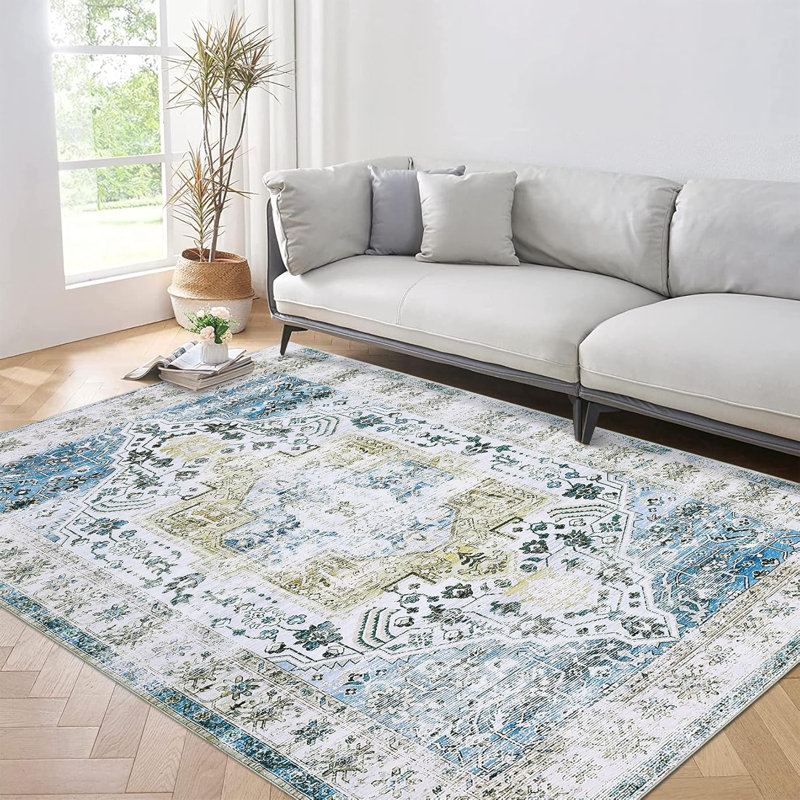 2x6 Runner Rug Kitchen Hallway Entryway – Vintage Floral Oriental Design Non-Slip Stain Resistant Low Pile Floor Covering (Blue)