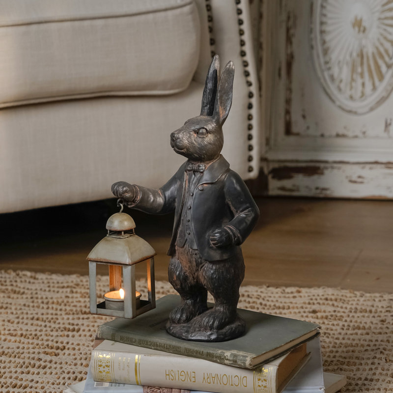 13.19" Garden Bunny Statue Metal Tabletop Lantern