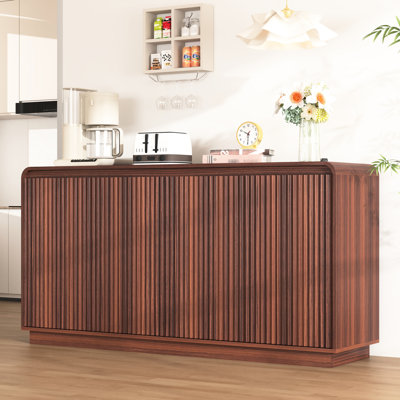 Modern Handleless Wave Design Walnut Tv Stand With Power Outlet And 3 Adjustable Particle Board Storage For Dining Room Buffet 4-Door Fluted Outlet, Shelves In Storage, Contemporary Entertainment