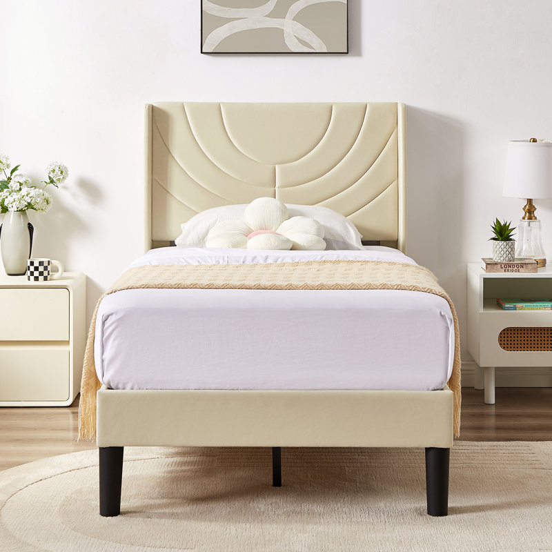 Twin Bed Frame Upholstered Platform with Headboard and Strong Wooden Slats, Beige