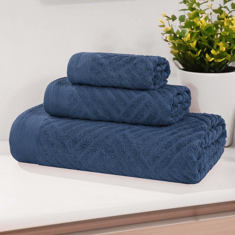 Ocilla Certified Egyptian Cotton Medium Weight Textured Soft Absorbent Jacquard 3 Piece Towel Set, Royal Blue