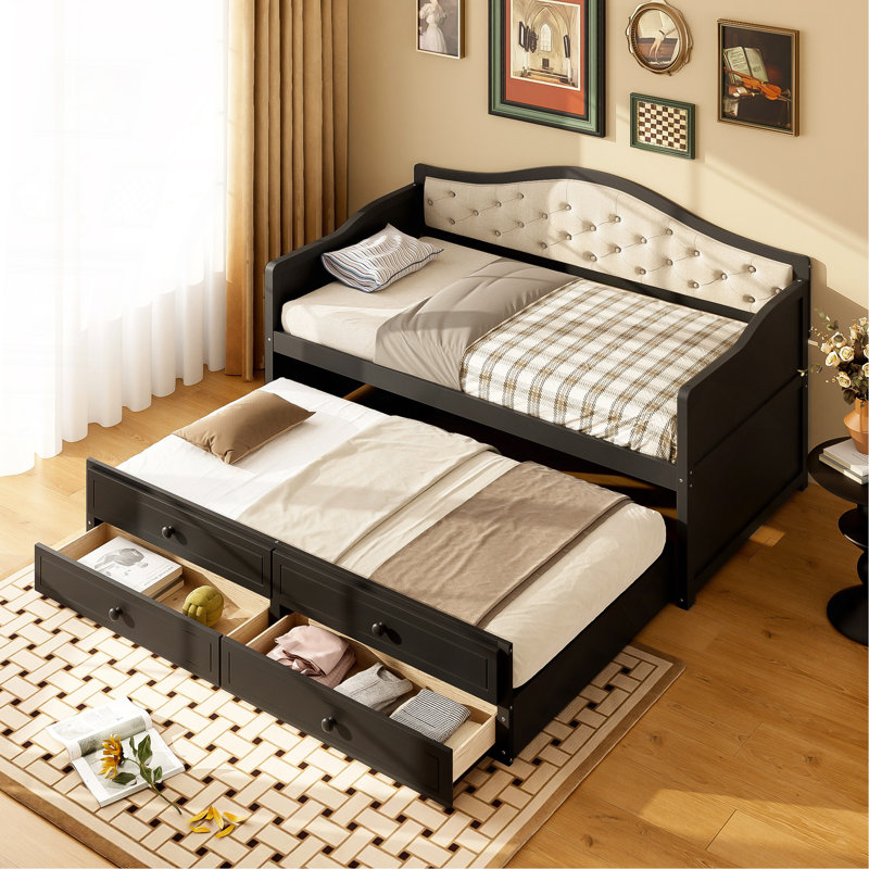 Twin Daybed With Trundle, Twin Size Daybed With 2 Storage Drawers, Wooden Sofa Bed With Upholstered Button Tufted Backrest For Living Room, Bedroom, Guest Room,Black