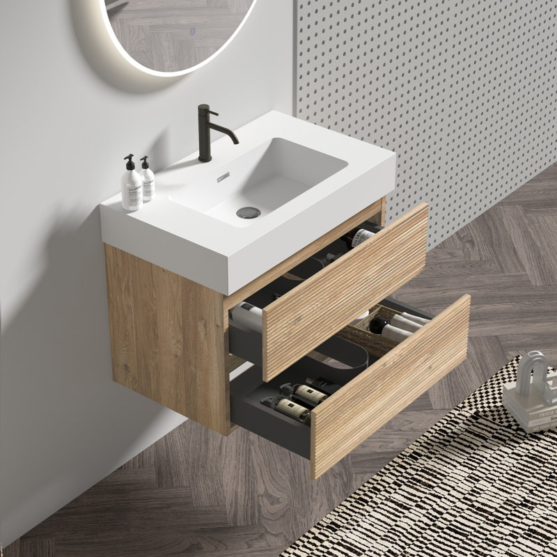 Meuble-lavabo moderne avec grille en chêne, fixation murale, fonction de rangement à double tiroir, finition laquée E0, panneau de sécurité à poignée cachée, revêtement,