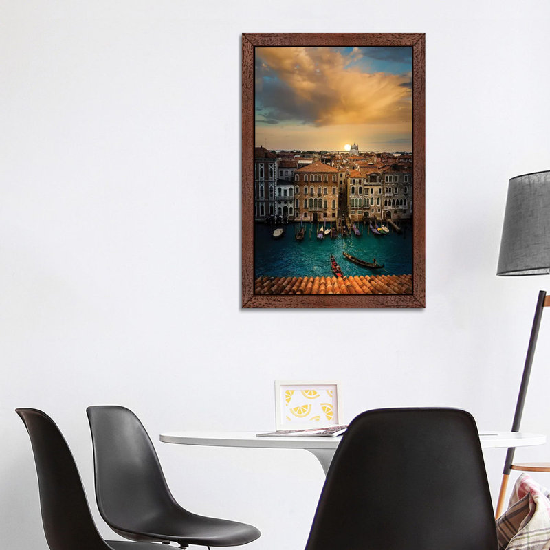 Sunset In Venice by Enzo Romano - Floater Frame Print on Canvas, Brown Framed, 152.5 cm H x 101.5 cm W