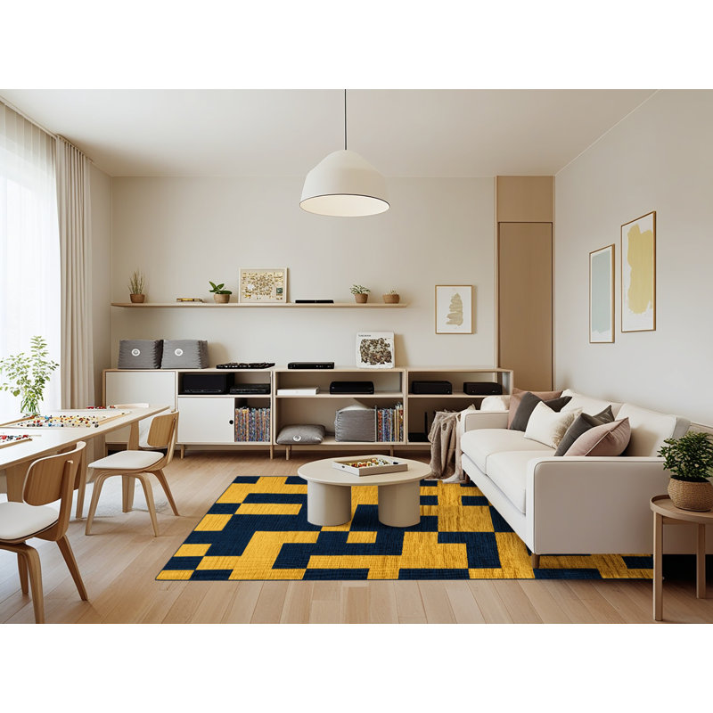Tapis bleu à carreaux lavable à la machine, Rectangle 7 pi x 9 pi