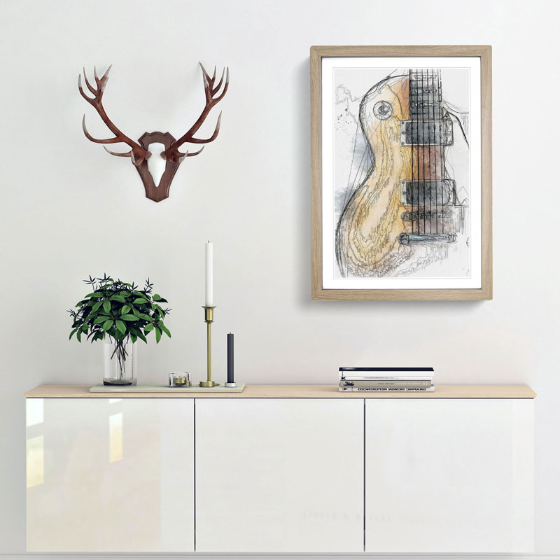Aged Electric Guitar in Abstract - Picture Frame Graphic Art Print, 65cm H x 48cm W x 2cm D, Oak Framed