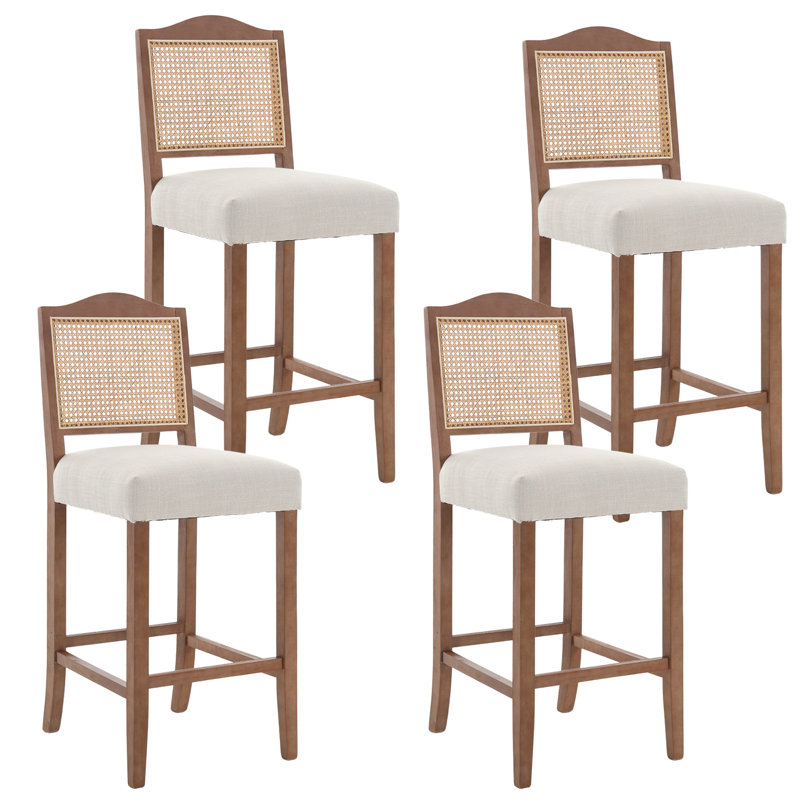 Counter Height Bar Stools Farmhouse Barstools With Rattan Back Comfortable Upholstered Bar Chairs For Kitchen Island, 4