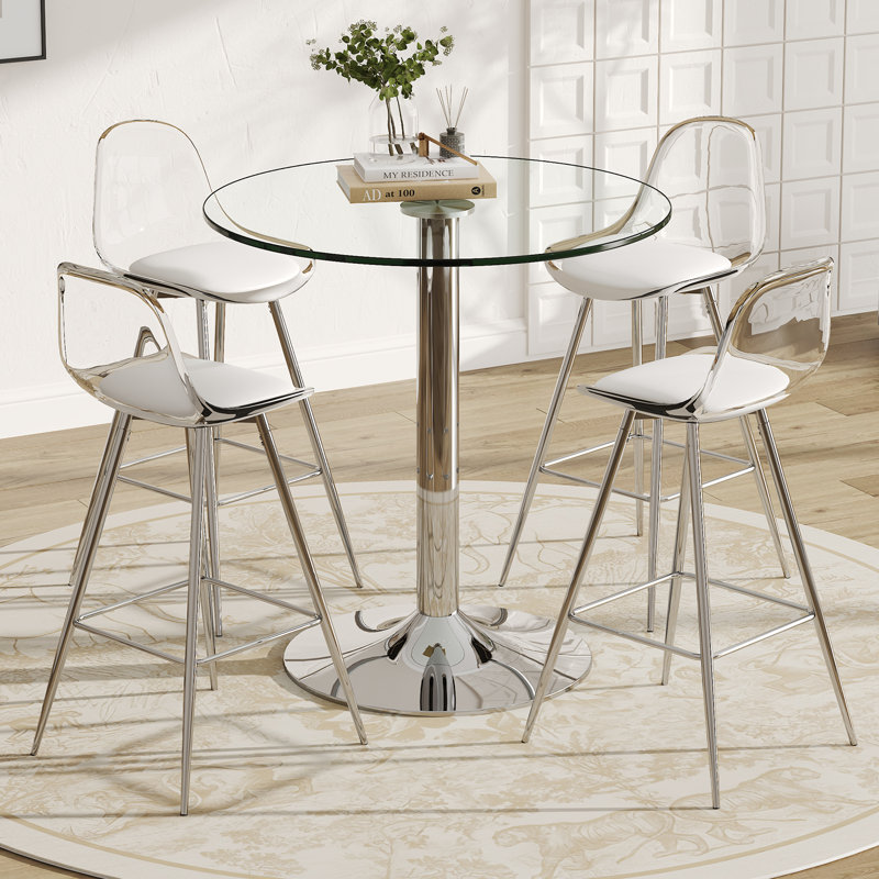 Ensemble de table de bar ronde en verre trempé avec tabourets de hauteur, 5 pièces: table, 4 chaises
